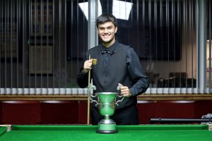 Paul Deaville poses with the English Amateur Snooker Championship trophy.