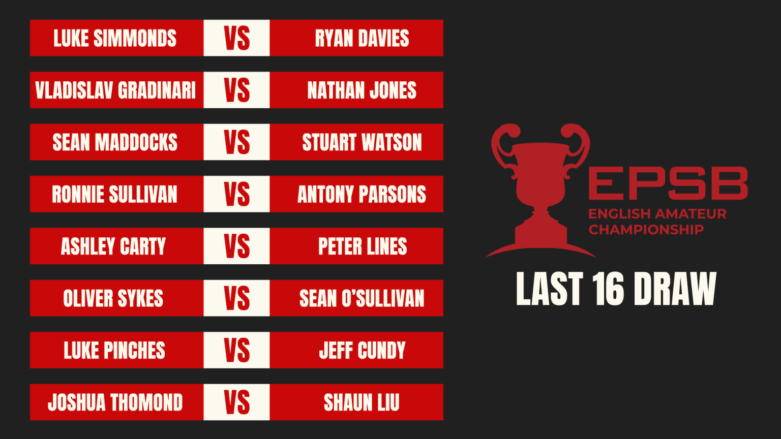 English Amateur Snooker Championship 2026 | Last 16 Draw - EPSB